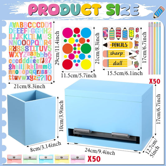 Watersay 107 Pcs Pencil Dispenser Kit for Classroom Wooden Sharp and Dull Pencil Holder 50 Pencils 50 Sharpener 5 Sticker Classroom Teacher Must Have Straw Dispenser for Back to School(Wood Color)