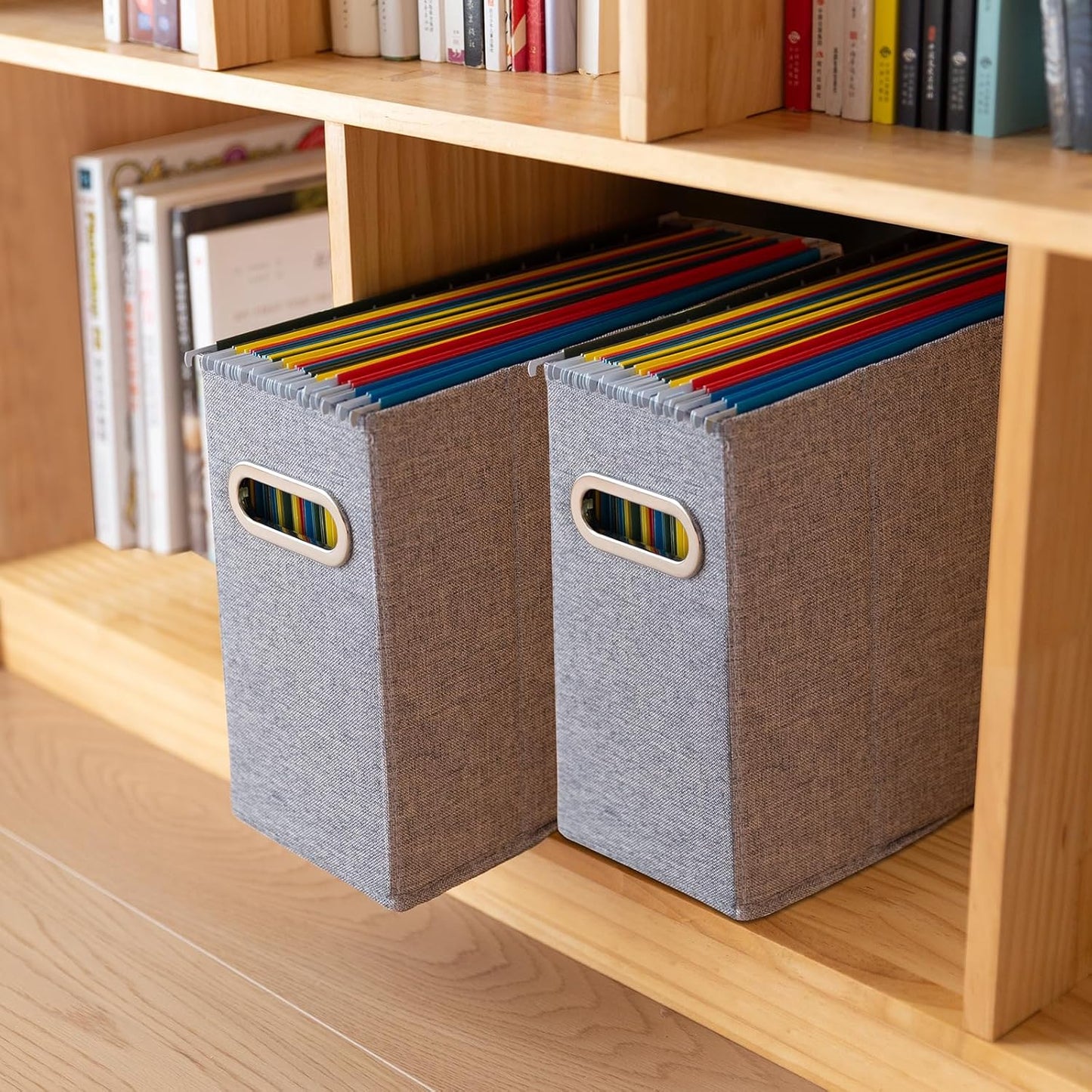 4 Packs Letter Size File Organizer, File Folders Organizer, Fabric Storage Box, Collapsible Paper Organizer with Metal Handle, Smooth PVC Rails, Only Box (Beige)