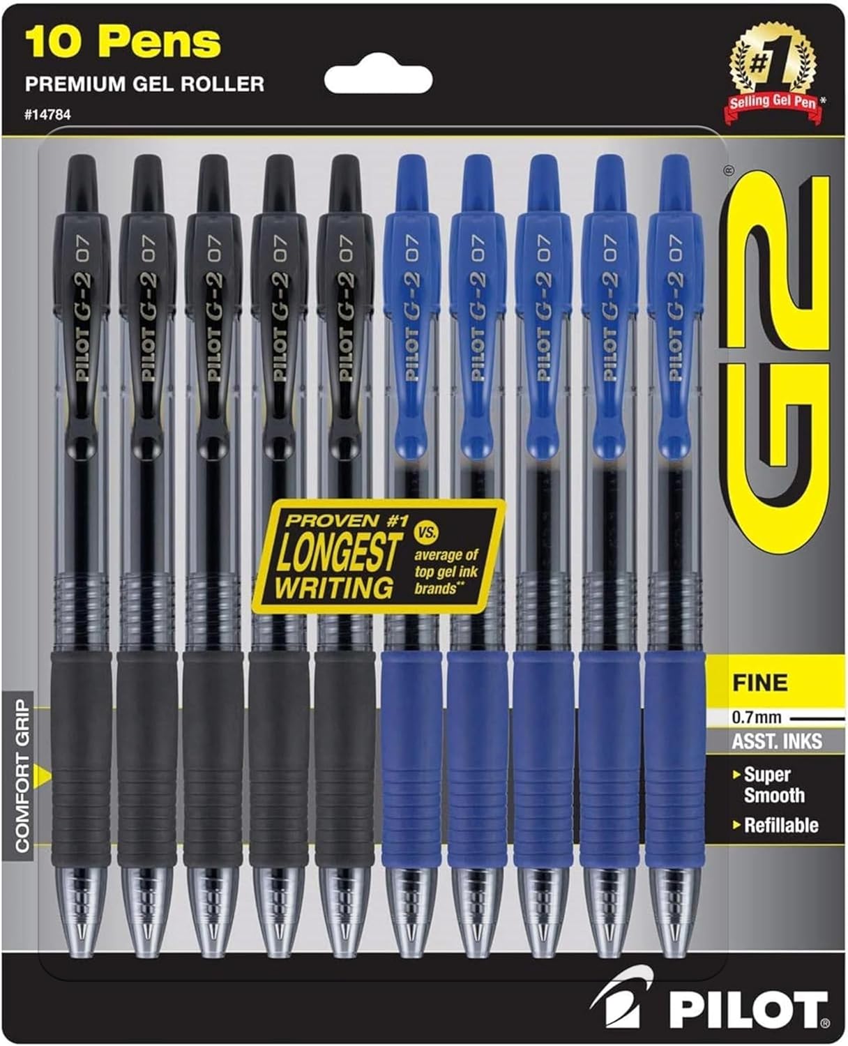 PILOT G2 Premium Gel Roller Pens, 0.7mm Fine Point Smooth Writing Pens, 5 Black & 5 Blue, 10 Pack