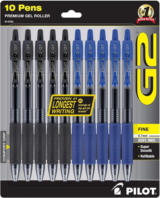PILOT G2 Premium Gel Roller Pens, 0.7mm Fine Point Smooth Writing Pens, 5 Black & 5 Blue, 10 Pack
