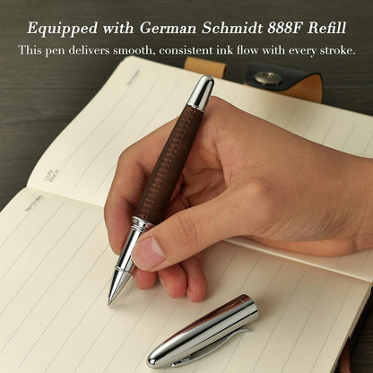 BEILUNER 318 Luxury Leather Pen, Hand-Stitched Premium Leather, Chrome-Plated Finish, Schmidt Ink Refill, Best Rollerball Pen Gift for Men & Women, Refillable, Executive Writing, Nice Pens