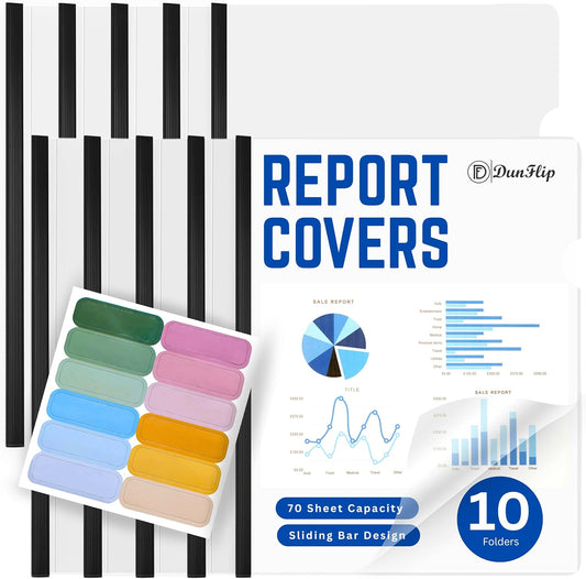 Clear Report Covers with Sliding Bar 40 Pack - 70 Sheet Capacity Presentation Folders with 48 Label Stickers for US Letter Size 8.5x11" and A4