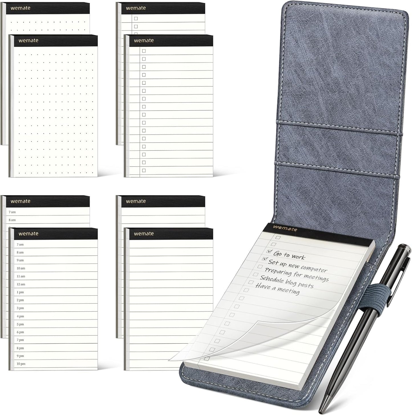 WEMATE 10 Pieces Small Notepad Holder Set Pocket Notebook - Included Mini Pocket Notepad Holder Set with 8 Memo Book Refills and Metal Pen for Meetings, Daily Records, and Notes 3 x 5 Inch (Black)