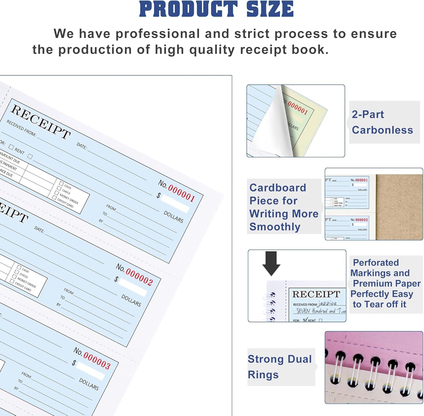 Zzrywuty Money and Rent Receipt Book with Cardboard Insert,2-Part Carbonless,5.3”x11.2” Spiral Bound,200 Sets per Book,4 Receipts per Page for Office Supplier,Rent and Cash Transaction