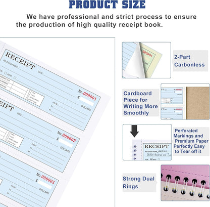Zzrywuty Money and Rent Receipt Book with Cardboard Insert,2-Part Carbonless,5.3”x11.2” Spiral Bound,200 Sets per Book,4 Receipts per Page for Office Supplier,Rent and Cash Transaction