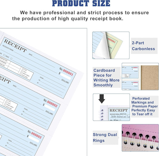 Zzrywuty Money and Rent Receipt Book with Cardboard Insert,2-Part Carbonless,5.3”x11.2” Spiral Bound,200 Sets per Book,4 Receipts per Page for Office Supplier,Rent and Cash Transaction