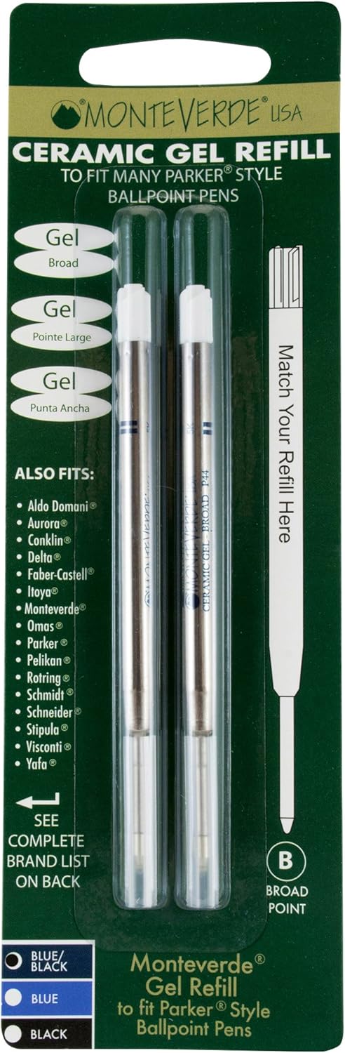 Monteverde USA Capless Ceramic Gel Refills to Fit Parker Pens, Broad Point, Blue Ink, 2-Pack – Smooth and Vibrant Writing Solution