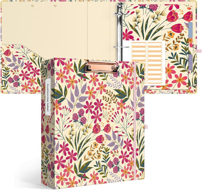 Ospelelf Binder 3 Ring 1 Inch, Floral Round Ring Clipboard Binder for Letter Size with 5 Tab Dividers, File Folder Labels, for School and Office Supplies