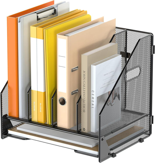 Desk File Folder Holder Organizer-5 Vertical Compartments Racks and Paper Letter Tray,Mesh Magazine File Holder Sorter,Desktop Accessories & Workspace Organizers for Home,Office,School-White