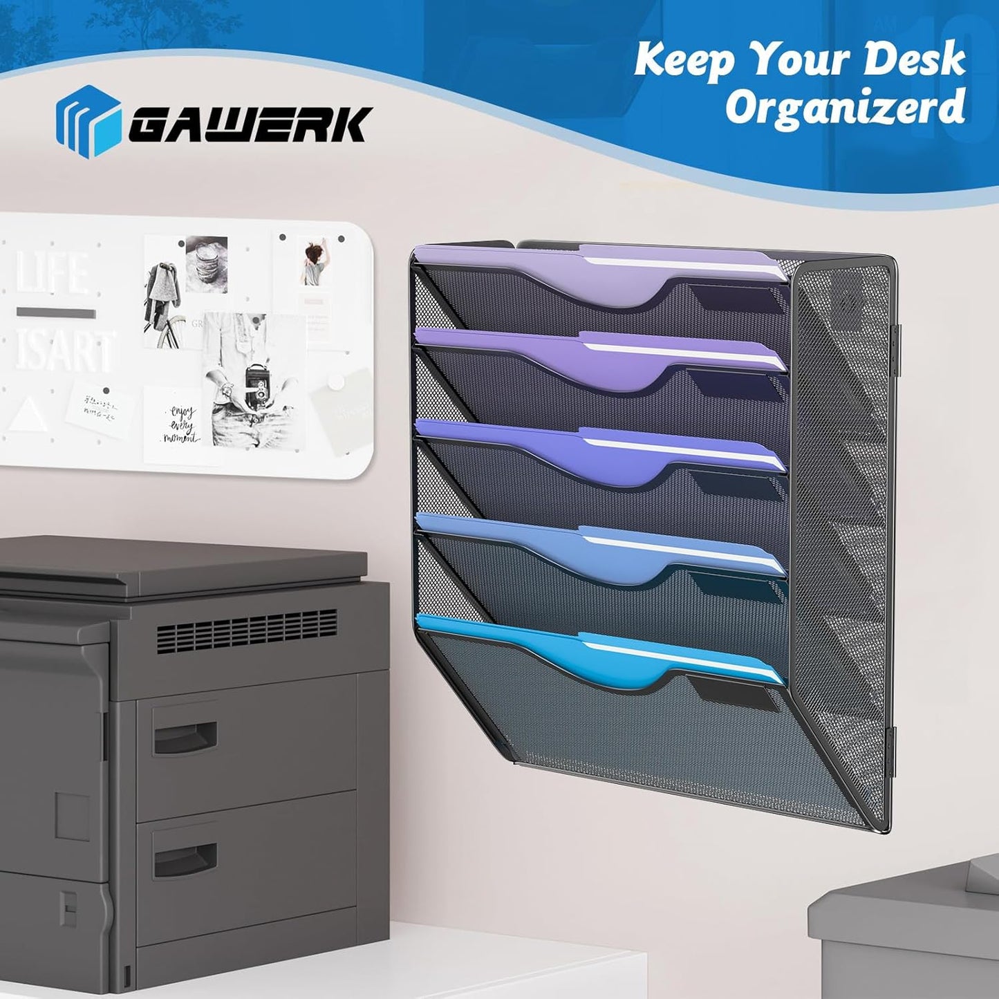 Gawerk 10-Tier Wall File Organizer Hanging Wall File Holder Wall Mount Paper Folder Organize, Mesh Magazine Document Mail Organizer Wall Organizer for Office School Home, Black