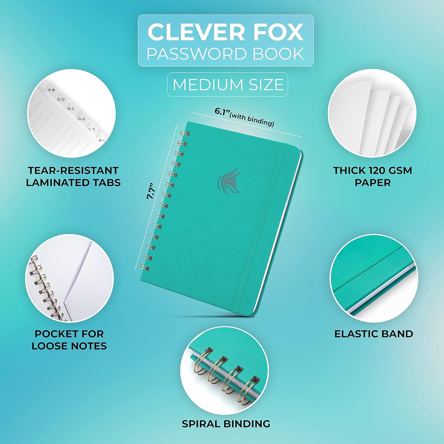 Clever Fox Password Book Spiral – Internet Address & Password Organizer with Laminated Alphabetical Tabs – Password Keeper Journal – Hardcover, Medium Size, 6.1x7.7” (Mystic Blue)