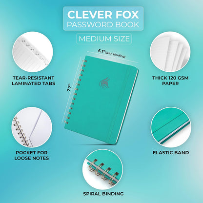 Clever Fox Password Book Spiral – Internet Address & Password Organizer with Laminated Alphabetical Tabs – Password Keeper Journal – Hardcover, Medium Size, 6.1x7.7” (Mystic Blue)