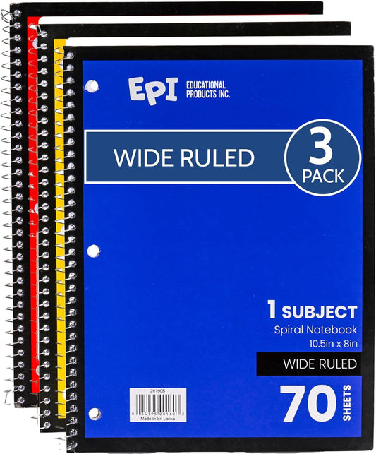EPI Spiral Notebook | Wide - 70 Sheets, Durable Spiral Binding | 10.5 x 8 in | Classroom Supplies | School, Office, Note Taking, Journaling - 12 Pack