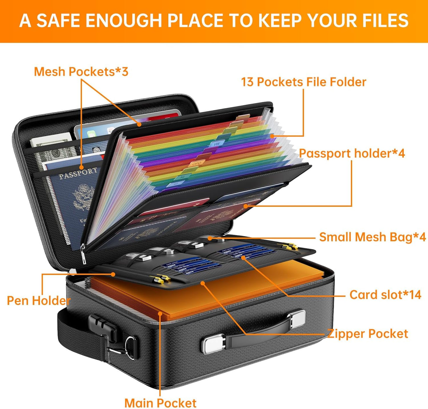DocSafe Fireproof File Organizer with Lock, Hard-Shell Case Fireproof Document Box with 13 Pocket Accordion File Folder, Portable Home Office Travel Safe Storage for Important Documents Laptop Black