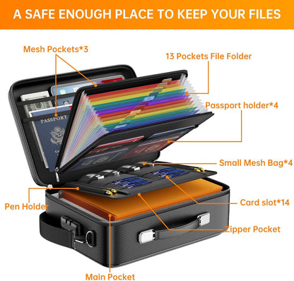 DocSafe Fireproof File Organizer with Lock, Hard-Shell Case Fireproof Document Box with 13 Pocket Accordion File Folder, Portable Home Office Travel Safe Storage for Important Documents Laptop Black