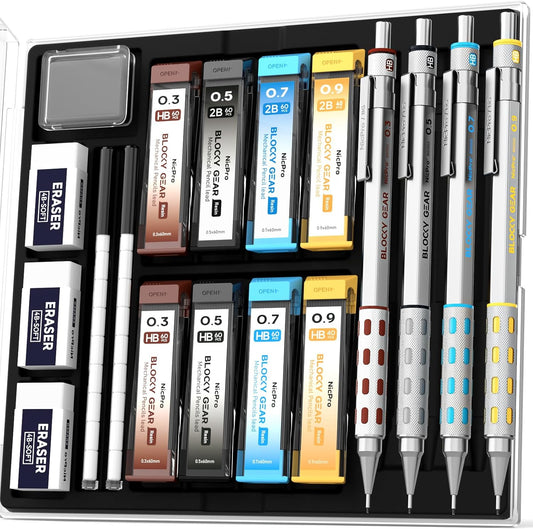Nicpro 3 Pack Blocky Gear 0.7 mm Metal Mechanical Pencils Set with Case, Lead Drafting Pencil with 8 Tube (480PCS) Lead Refills(HB 2B), 4 Erasers, 18 Eraser Refills for Art Writing, Sketching Drawing