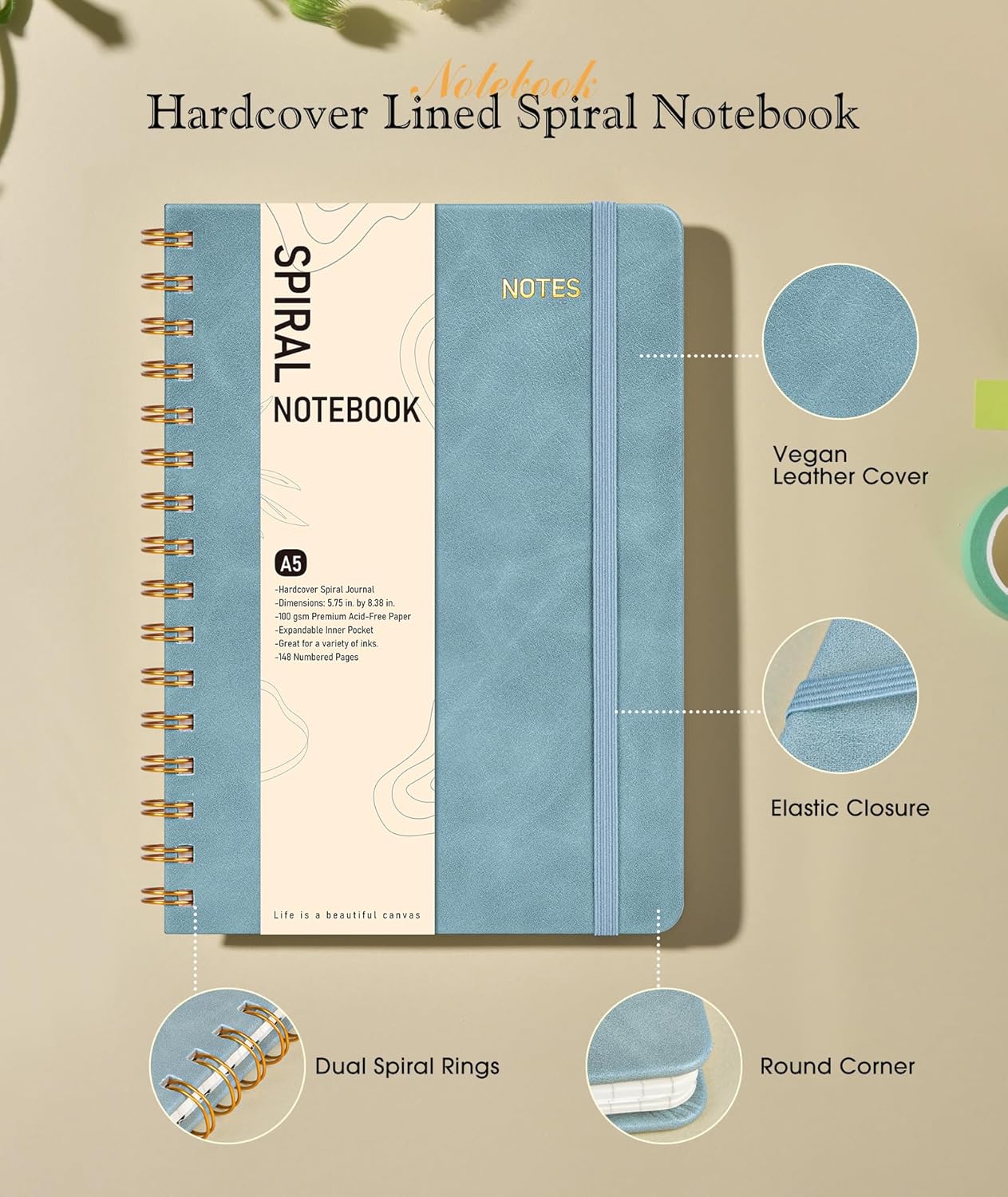 Lined Spiral Journal Notebook, A5 Hardcover Spiral Journals for Women Men, 150 Numbered Pages Spiral Bound Notebook, 100 GSM College Ruled Notebooks for Work, Note Taking 5.75" x 8.38", Olive Green