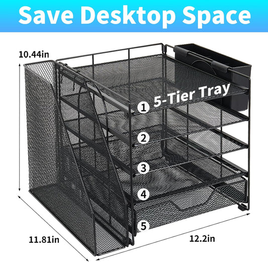 Desk Organizer, 5-Tier Paper Letter Tray Organizer with File Holder, Drawer and Pen Holder, Desktop Organizer for Office Supplies, Black