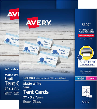 Avery Printable Tent Cards with Sure Feed Technology, 2" x 3.5", White, 160 Blank Place Cards for Laser or Inkjet Printers (5302)
