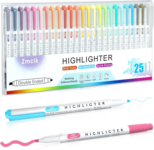Zmcik Double Ended Highlighters with Soft Chisel Tip, 25-Pack Quick Dry Assorted Colors, Pastel Highlighters Set for School/Office Journaling, Bible Assorted Colors