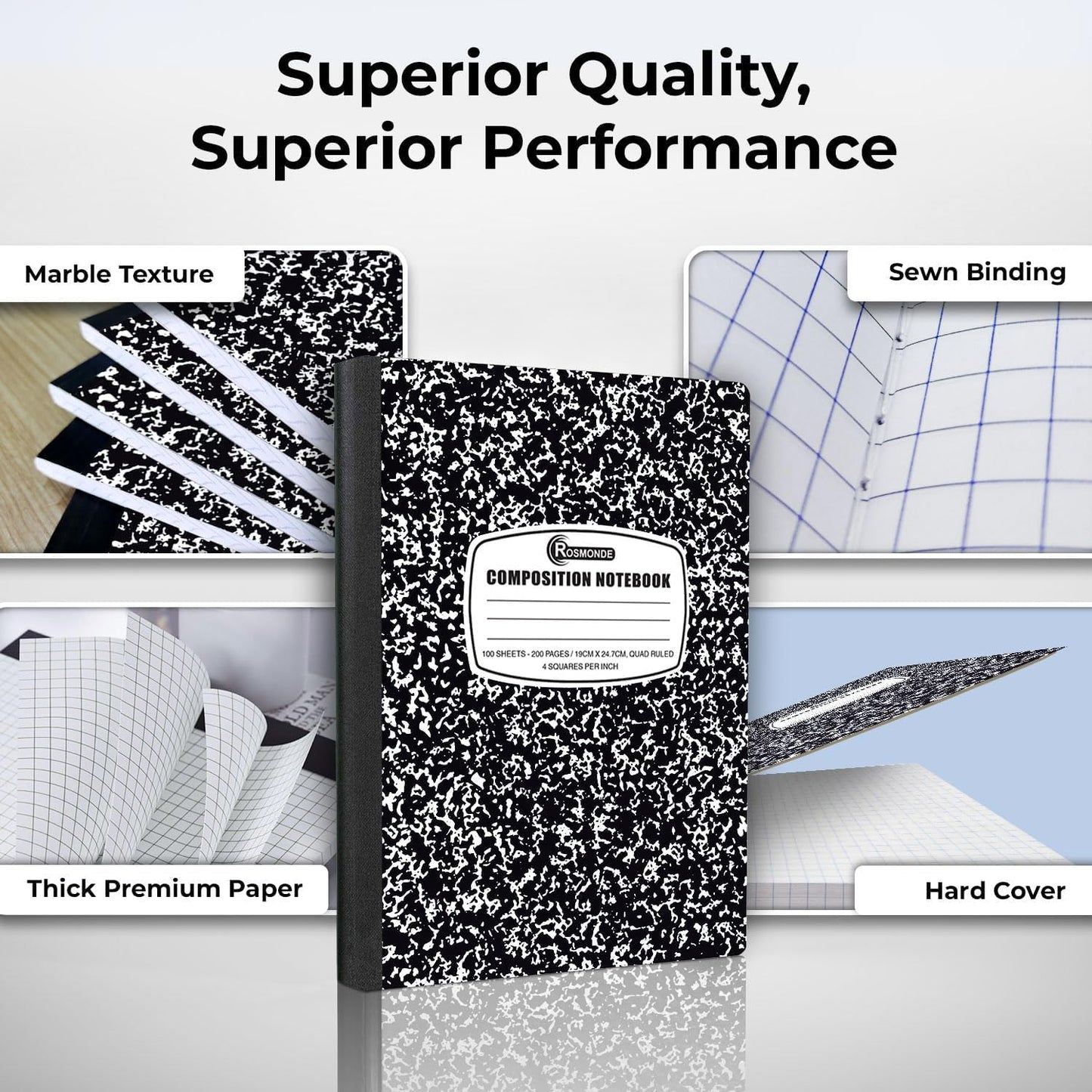 Rosmonde 50 Pack Composition Notebooks Bulk, Wide Ruled Composition Notebook, 200 Pages (100 Sheets), 9-3/4 x 7-1/2, Black Marble, Bulk School Supplies, Office Notebooks, Bulk Notebooks for School