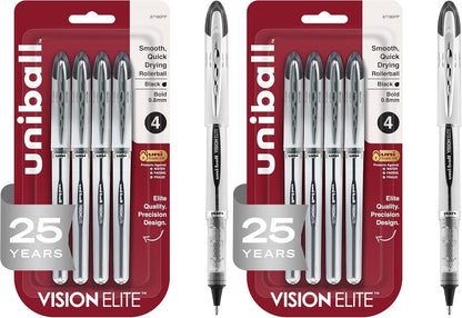 uniball Vision Elite Rollerball Pens, Bold Point (0.8mm), Black, 4 Pack
