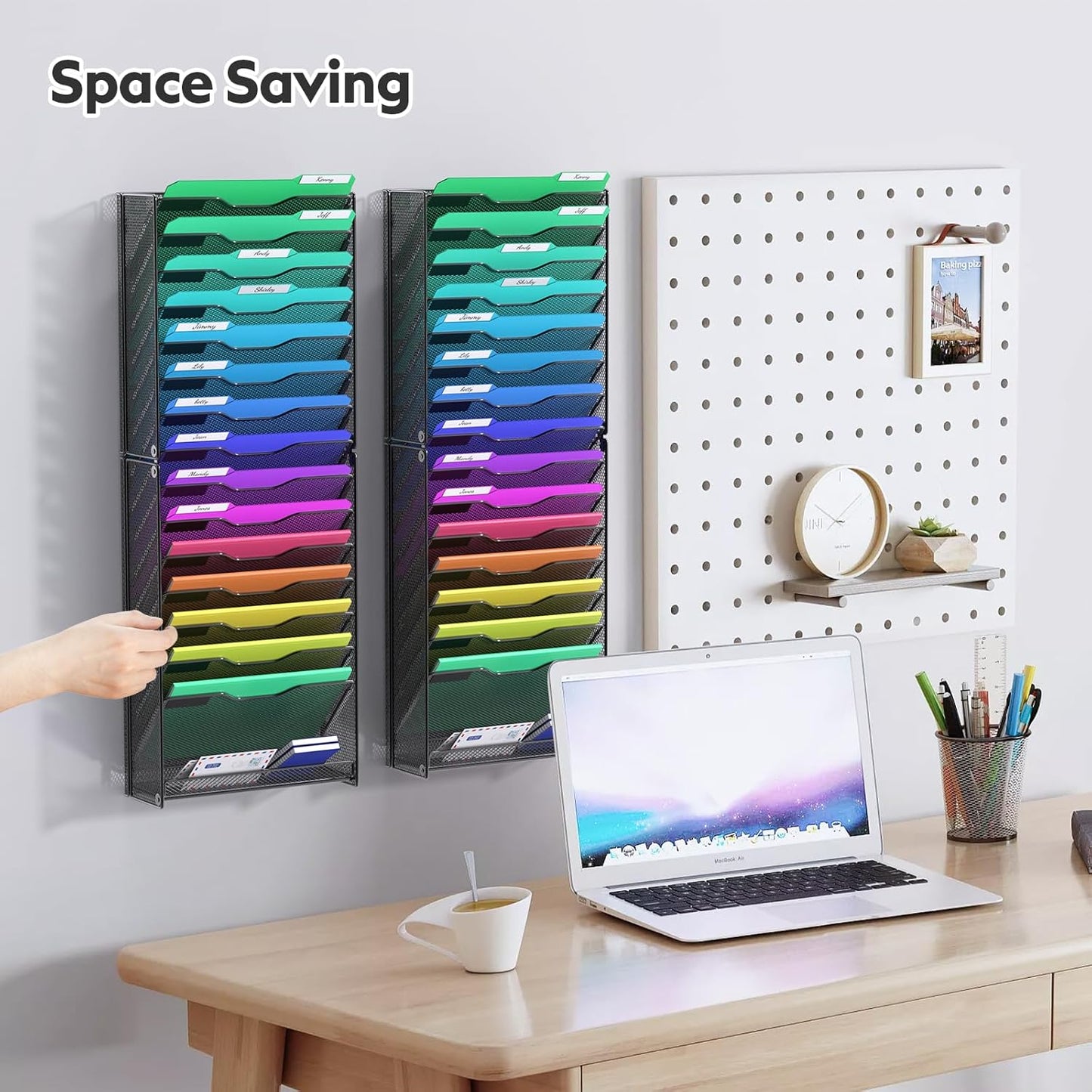 samstar 10 Tier Wall File Organizer, Hanging Wall Mount File Holder Paper Folder Mail Organizer, Mesh Metal, Black.