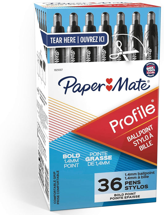 Paper Mate Profile Retractable Ballpoint Pens, Bold Point (1.4mm), Black, 36 Count - Office Supplies, Comfortable Grip, Everyday Writing