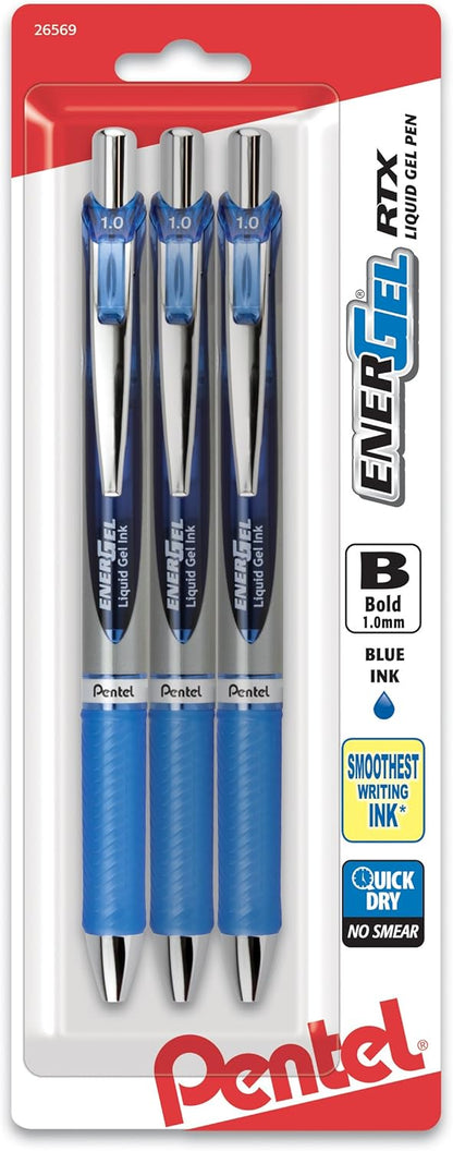 Pentel EnerGel RTX Retractable Liquid Gel Pen, (1.0mm), Bold Line, Metal Tip, Black Ink, Pack of 3 (BL80BP3A)