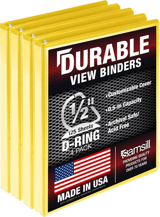 Samsill Durable 0.5 inch 3 Ring Binder, D Ring Binder, 100% Recycled Chipboard, Yellow, 4 Pack