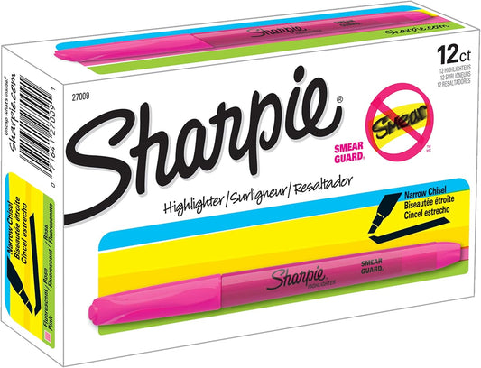 Sharpie 27009 Pocket Style Highlighters, Chisel Tip, Fluorescent Pink, Box of 12