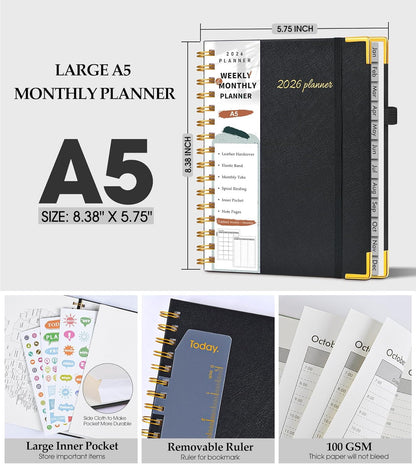 2026 Planner, Weekly and Monthly Calendar Planner from January 2026 - December 2026, 8.5" x 11" Hardcover Leather Hourly Appointment Book with Tabs, Spiral Daily Planners for School Work Home, Green