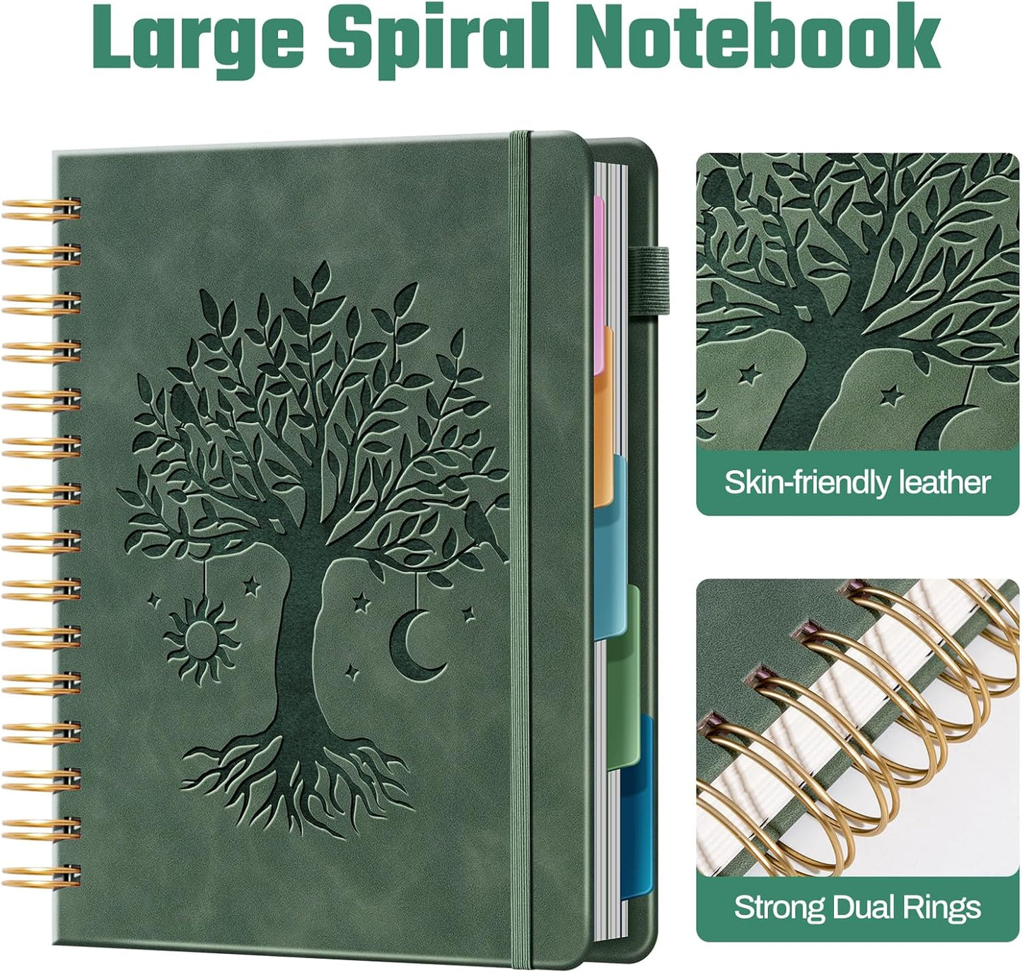 Ovesmusl Hardcover Spiral Notebook 8.5" x 11" with 5 Removable Dividers 300 Pages Leather 5 Subject Notebook College Ruled 100GSM Large Spiral Notebooks for Work Thick Lined Journal for Women, Green