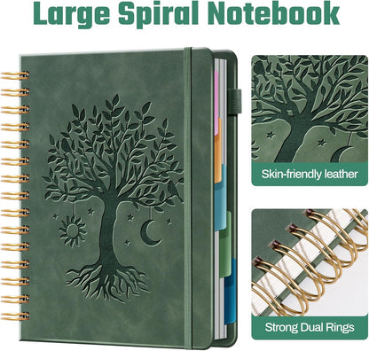 Ovesmusl Hardcover Spiral Notebook 8.5" x 11" with 5 Removable Dividers 300 Pages Leather 5 Subject Notebook College Ruled 100GSM Large Spiral Notebooks for Work Thick Lined Journal for Women, Green