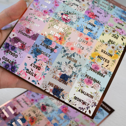 UPAFEXXI-Laminated Planner Monthly Tabs(72 Stickers in Total,24 month,24 Subject,24 Blank) Calendar Monthly Label Stickers for Planners, Subject Label Adhesive Tabs for Folders, Pages(Floral)