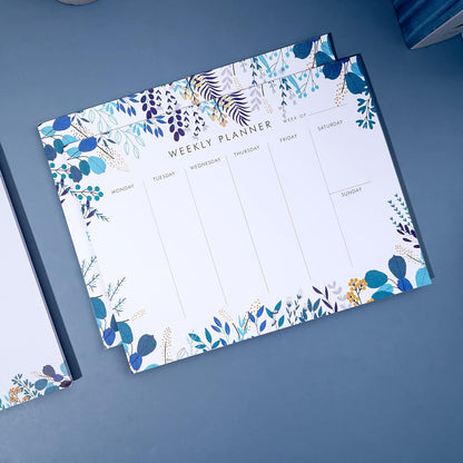 Weekly Planner Notepad Tear Off Set of 2 Weekly Calendar Pad 52 Undated To Do List Notepad Sheets Desk Planner Planning Pads Productivity Tracker for Work Goals Notes Schedule Ideas, Floral Blue
