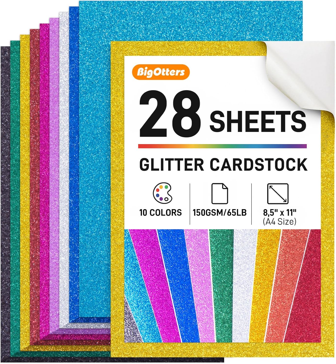 BigOtters 20 Sheets Glitter Cardstock, 10 Colors Premium Card stock Paper for Scrapbook and Craft Projects, Back to School Supplies, 8.5 x 11 Inch, 250GSM