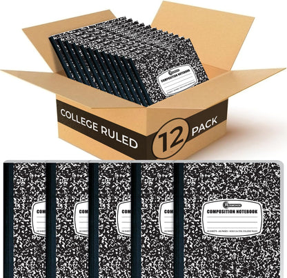 Rosmonde College Ruled Composition Notebooks 5 Pack, 200 Pages (100 Sheets), 9-3/4" x 7-1/2", White & Black Marble Composition Book, Hard Cover, Sturdy Sewn Binding, School, College & Office Supplies
