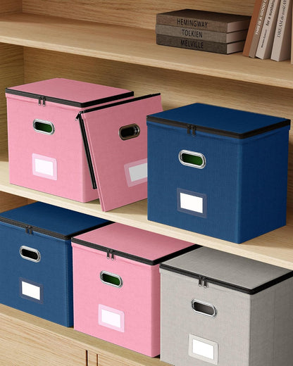 Oterri 2 Pack File Organizer Boxes with Lids, File Box with Mesh Pockets, Document Organizer Box for File Folders Letter Size, Zippers Filing Box for Home, Office, School (Green, Without Folders)