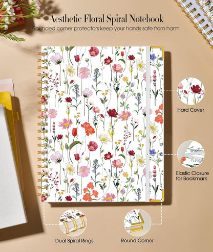 Cute Spiral Notebook Journal for Women, 200 Pages Lined Notebooks 8.5” x 11”, A4 Large Hardcover Spiral Journals with 100 GSM Thick Paper, College Ruled Notebook for Writing Work School, Orange Floral