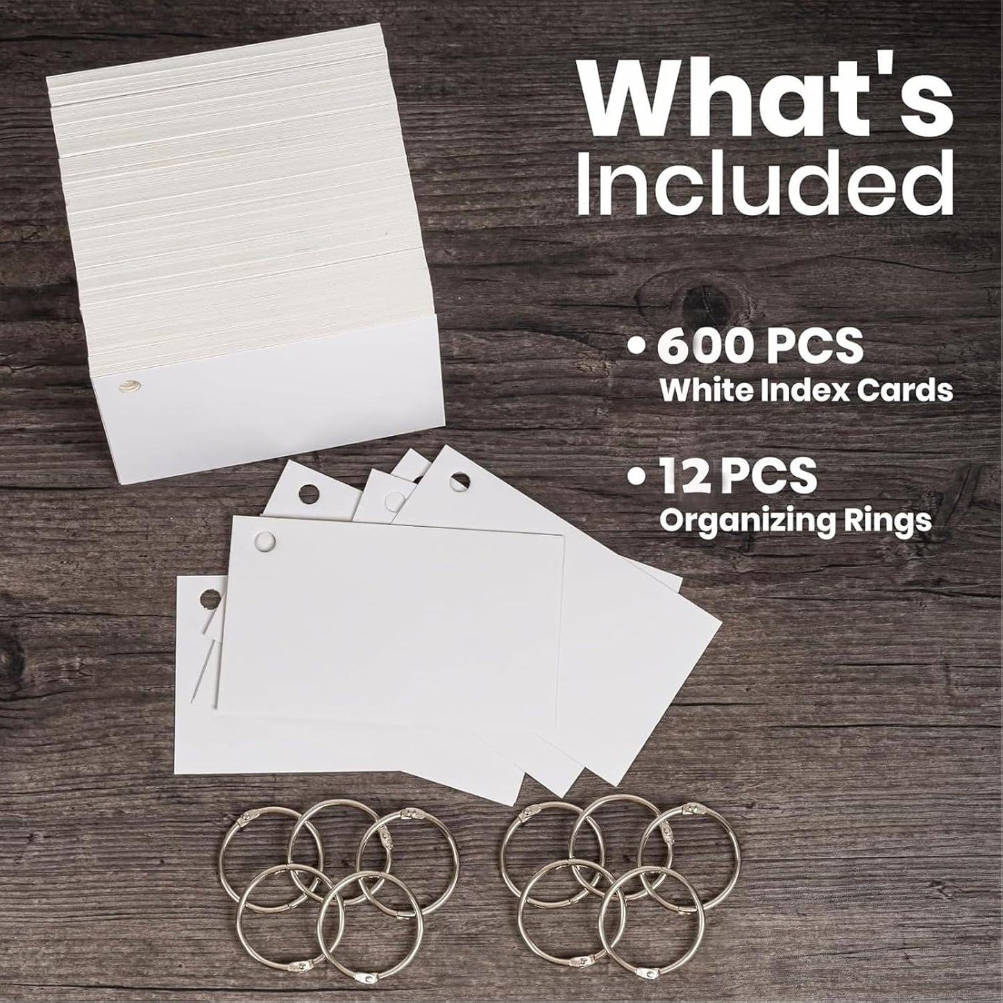 Index Cards, 600 PCS 3 x 5 Inch Punched Flash Cards with 12 Organizing Rings, White Flashcards for Studying, Blank Memo Note Cards for Adults Kids Home School Office