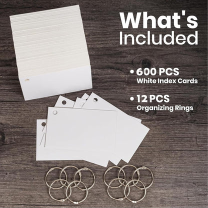 Index Cards, 600 PCS 3 x 5 Inch Punched Flash Cards with 12 Organizing Rings, White Flashcards for Studying, Blank Memo Note Cards for Adults Kids Home School Office
