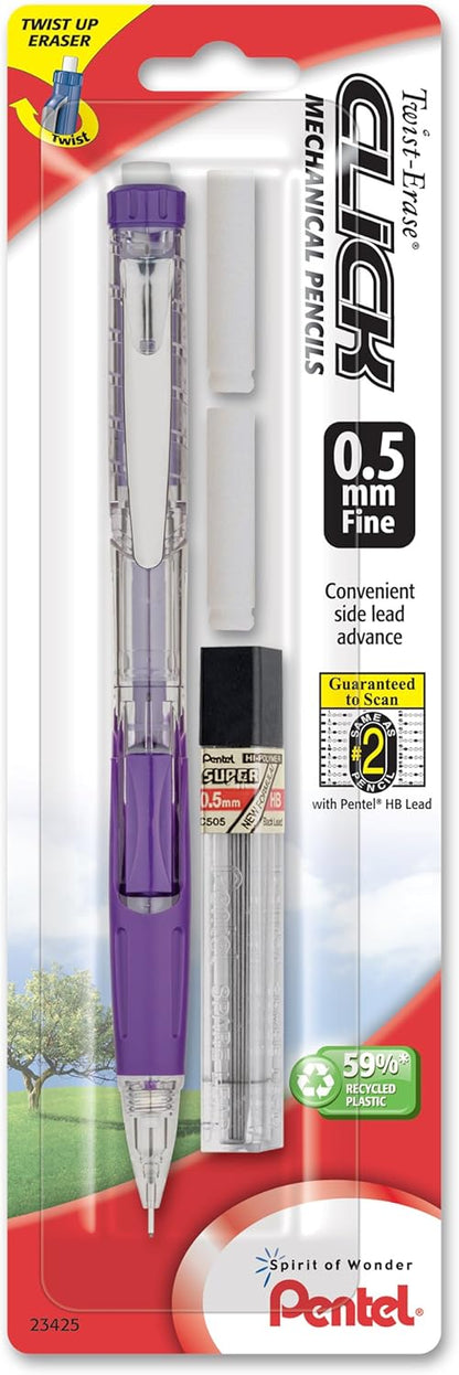 Pentel Twist Erase Click Automatic Pencil with 2 Eraser Refills and Lead, 0.9 mm, Assorted Barrels, Color May Vary, 2 Pack (PD279TLEBP2)