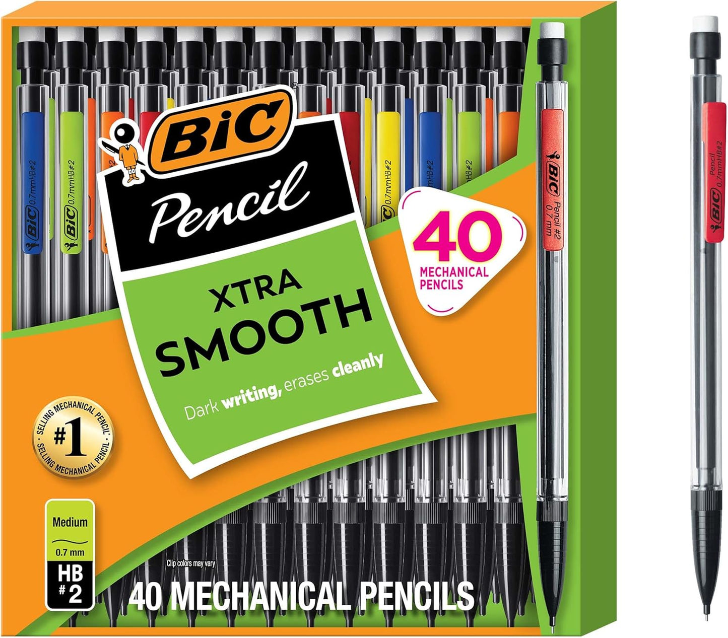 BIC Xtra-Smooth Pastel Mechanical Pencils with Erasers, Medium Point (0.7mm), 40-Count Pack, Bulk Mechanical Pencils for School or Office Supplies