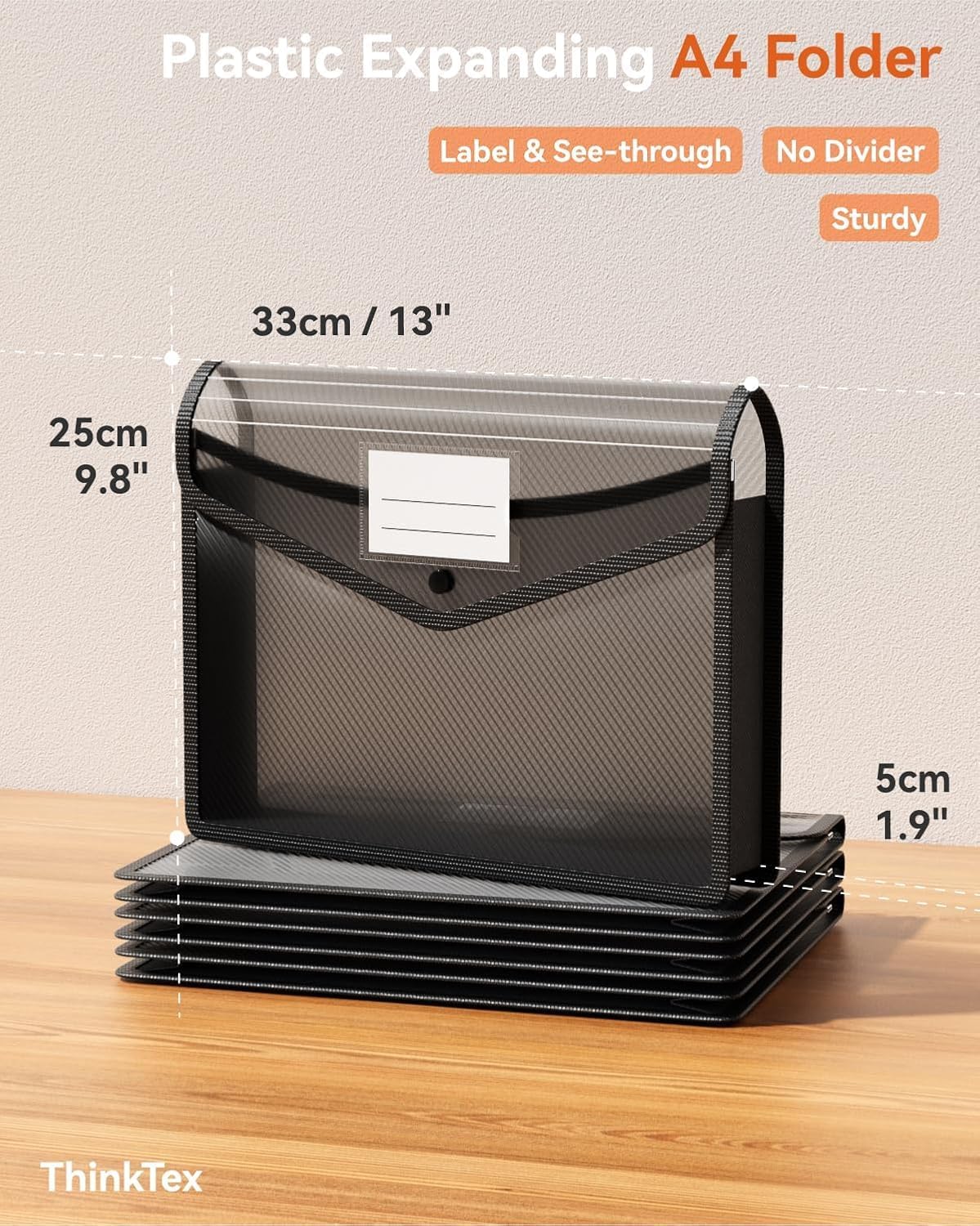 ThinkTex Plastic Expanding File Folder, Transparent Envelopes with Snap Closure, No Dividers, Large Capacity, Assorted Colors, Fits Letter / A4 Size - 5 Pack
