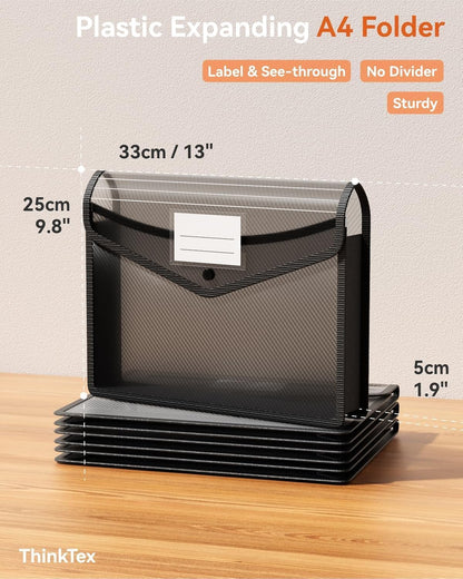 ThinkTex Plastic Expanding File Folder, Transparent Envelopes with Snap Closure, No Dividers, Large Capacity, Assorted Colors, Fits Letter / A4 Size - 5 Pack