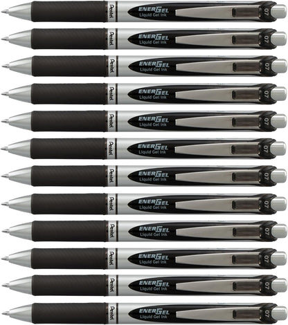 Pentel EnerGel RTX Retractable Liquid Gel Pen, (0.7mm) Medium Line, Metal Tip, Black Ink, Box of 12 (BL77-A)