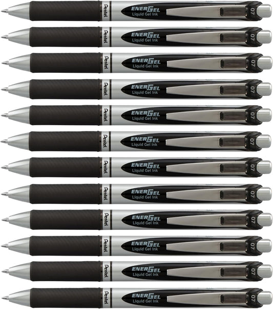 Pentel EnerGel RTX Retractable Liquid Gel Pen, (0.7mm) Medium Line, Metal Tip, Black Ink, Box of 12 (BL77-A)