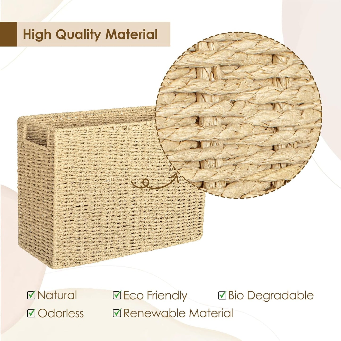AELS Woven Natural Fibre Magazine Holder, Scalloped Edge Floor Magazine Rack, Hand-woven Organizer, Boho Modern Farmhouse Book Basket, File Newspaper Mail Holder for Office