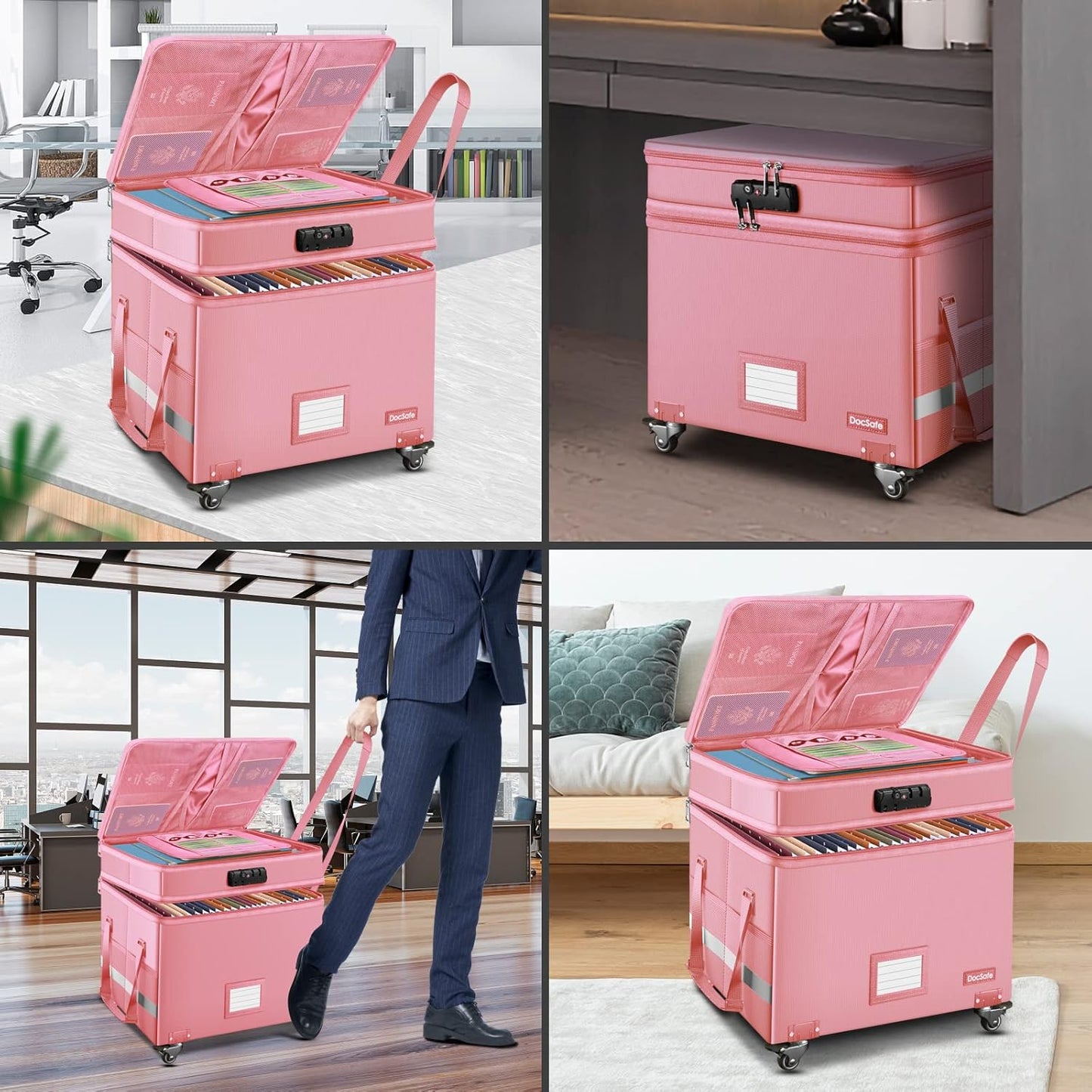DocSafe Fireproof Document Box with Lock,2-Layer File Box with Wheels,Collapsible File Storage Organizer with Pockets,Large Portable Home Filing Cabinet for Hanging Folders,Black,16''x13.8''x12.2''
